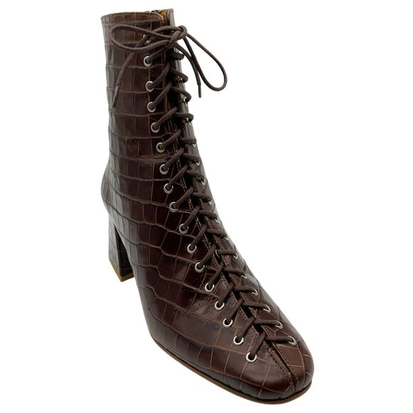 By Far Brown Croc Embossed Leather Becca Lace Up Booties - Picture 1 of 6